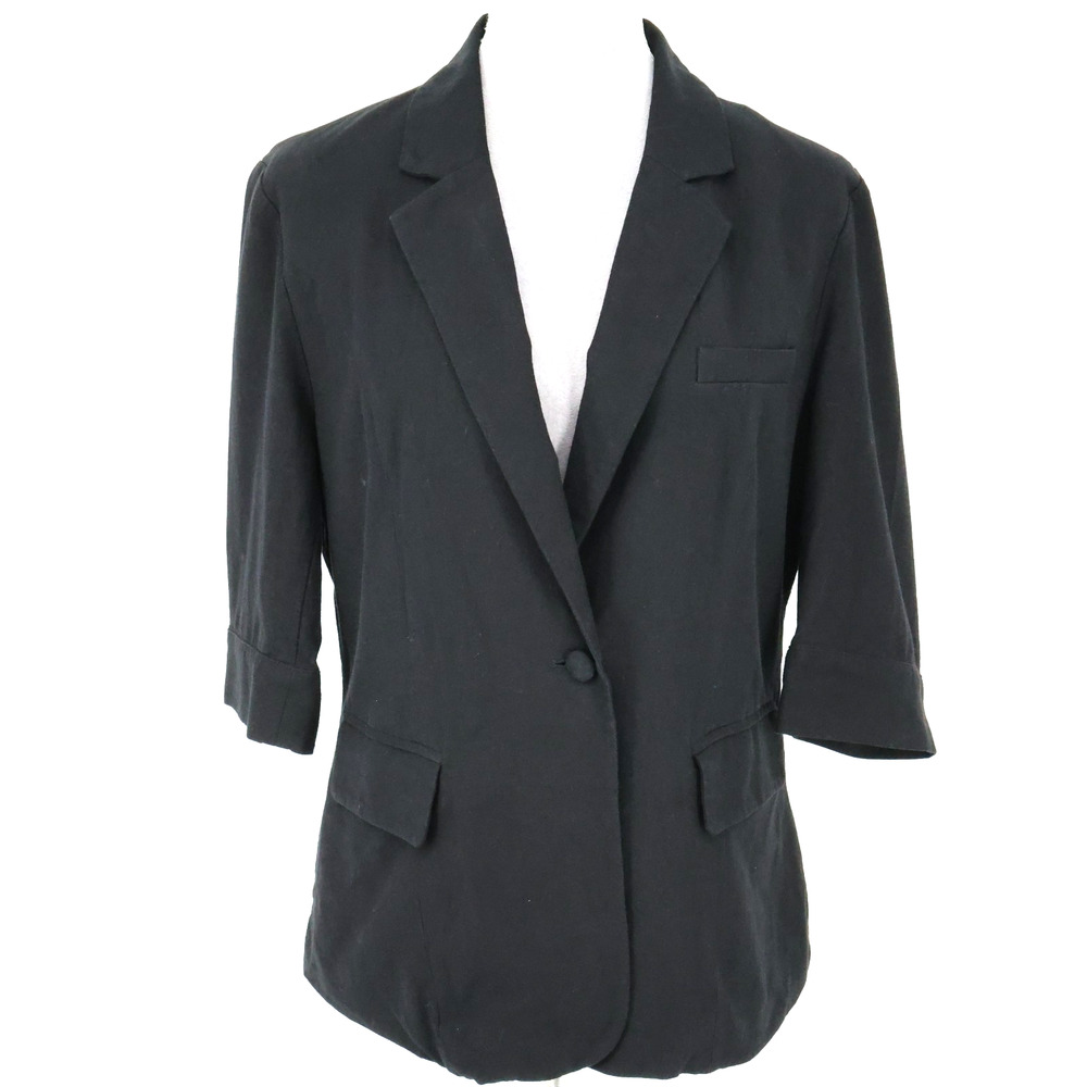 Mina Self Jacket Womens Large Black Linen Blend Lined Blazer 3/4 Sleeve Career